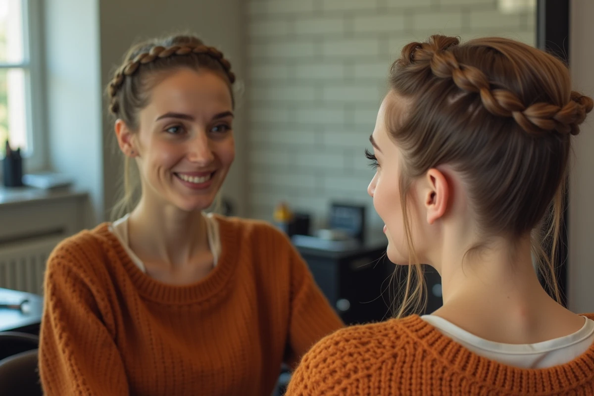 Jeune femme avec des tresses Dutch courtes assise devant un miroir dans un salon de coiffure moderne