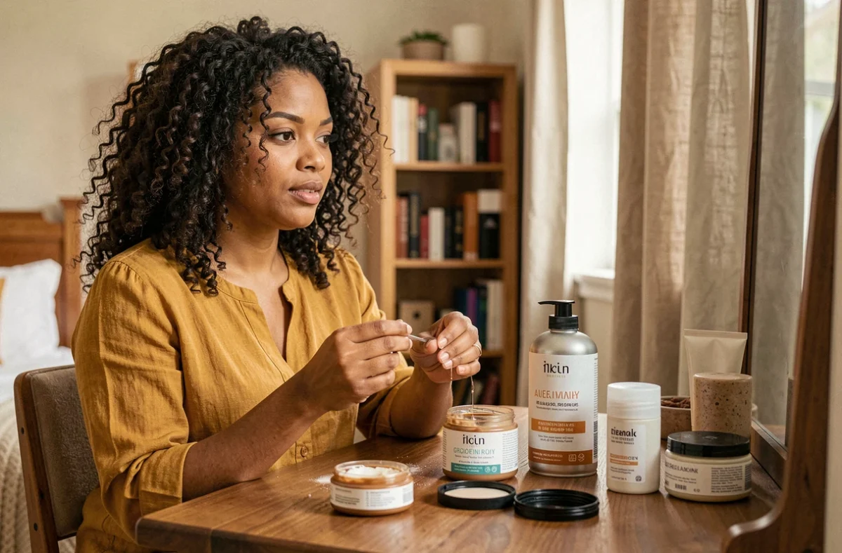 Femme aux cheveux bouclés 3B comparant gel, mousse et crème coiffante sur une coiffeuse en bois