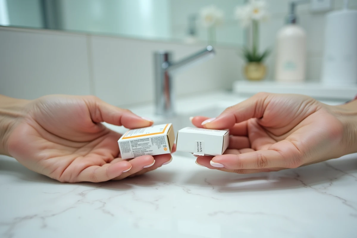 Comparaison de prix de boîtes d'Halcare posées sur un comptoir de salle de bain