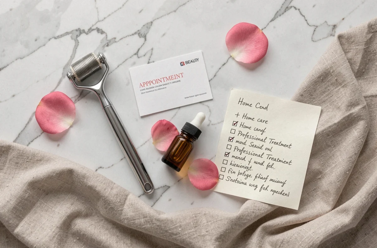 Flat lay éditorial comparant le dermaroller maison et une carte de rendez-vous en institut de beauté sur marbre