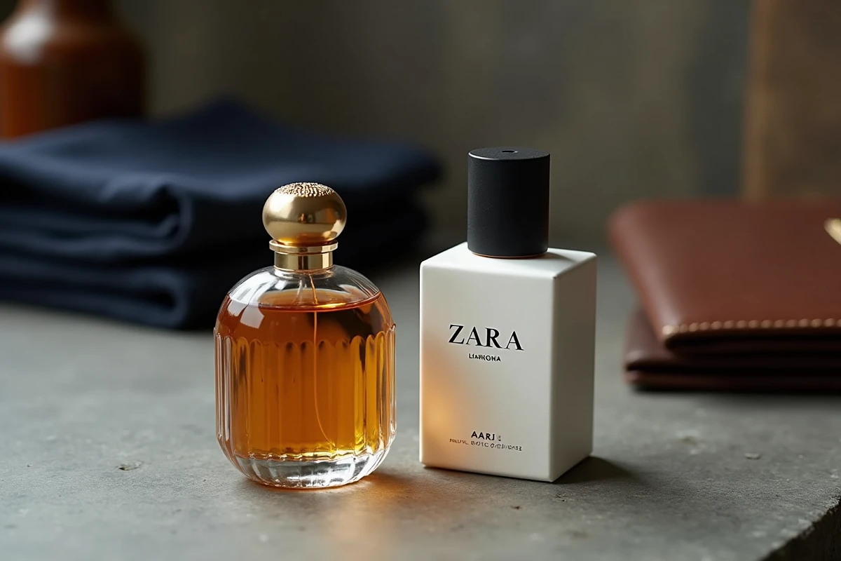 Comparatif deux flacons de parfum côte à côte sur béton brut, dupe Zara homme versus original luxe