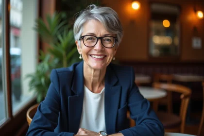 Femme de 60 ans avec une coupe pixie courte et des lunettes rondes élégantes dans un café parisien