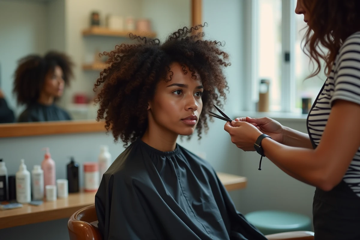 Femme aux cheveux bouclés en cours de coupe chez le coiffeur, mettant en évidence les erreurs de coupe sur cheveux frisés