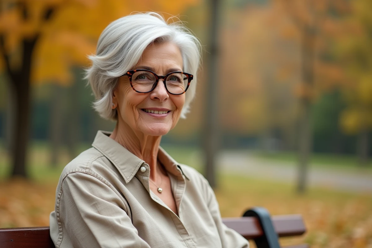 Femme de 60 ans avec une coupe courte effilée et des lunettes ovales en écaille de tortue dans un parc en automne