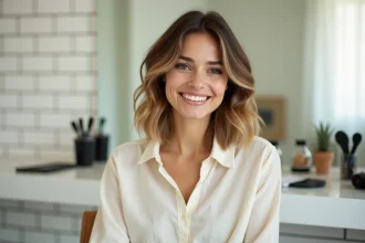 Femme aux cheveux mi-longs dégradés et ondulés dans un salon de coiffure minimaliste, portrait réaliste montrant l'effet de la coupe sur la silhouette du visage