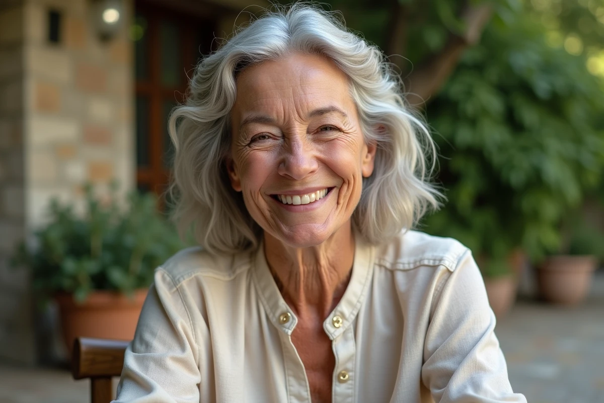 Femme de 70 ans avec une coupe mi-longue en couches ondulées poivre et sel dans un jardin élégant