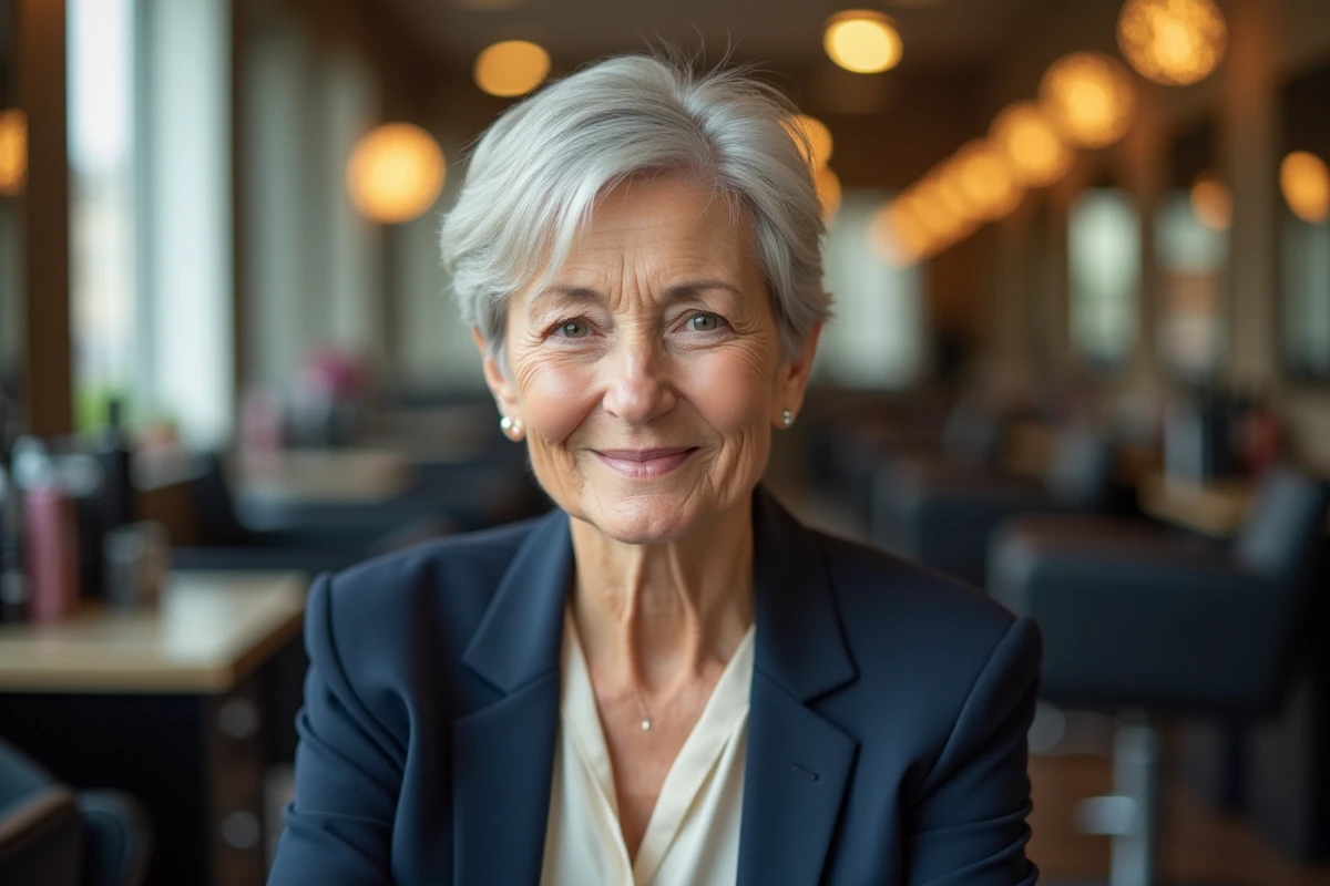 Femme de 70 ans avec une coupe pixie courte argent rajeunissante dans un salon de coiffure parisien