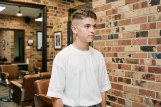 Adolescent avec une coupe tapper fraîche et des côtés dégradés nets dans un salon de coiffure moderne au style vintage