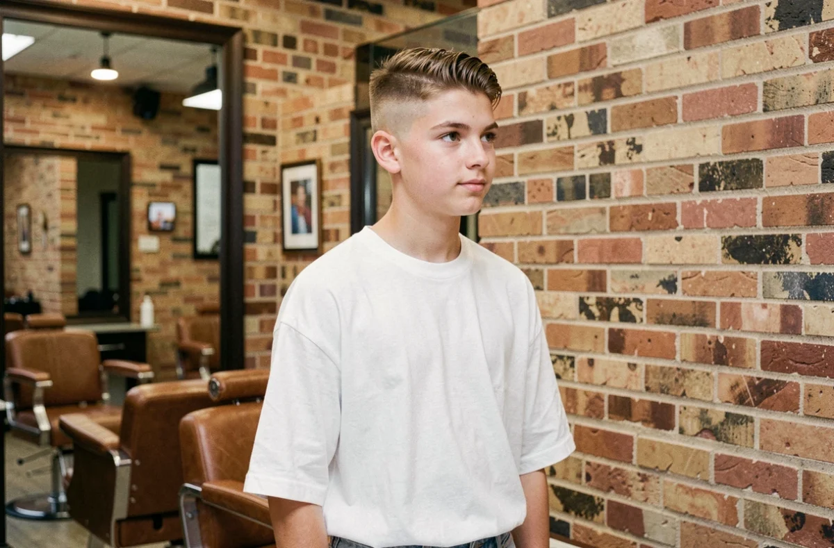 Adolescent avec une coupe tapper fraîche et des côtés dégradés nets dans un salon de coiffure moderne au style vintage