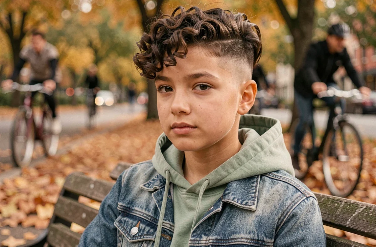 Adolescente arborant une coupe tapper avec volume bouclé sur le dessus, assise dans un parc en automne