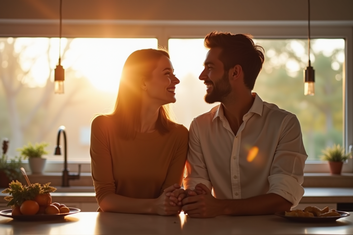 Couple souriant dans une cuisine lumineuse et chaleureuse
