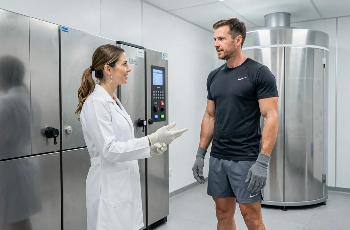 Technicienne expliquant le protocole de cryothérapie à un client chez Cryofast