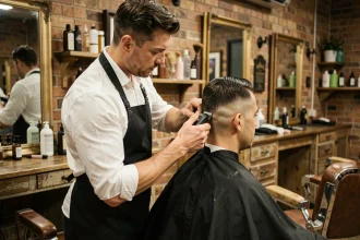 Coiffeur réalisant un dégradé en V fondu sur la nuque d'un client dans un salon de coiffure vintage