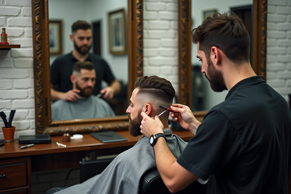 Barbier finissant une coupe dégradé raie sur le côté très courte sur un client dans un salon de coiffure classique