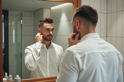 Homme aux cheveux très courts avec dégradé raie sur le côté se coiffant rapidement dans une salle de bain moderne le matin