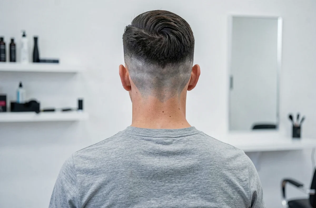 Vue de dos d'un homme avec un dégradé en V fondu précis sur la nuque dans un salon moderne