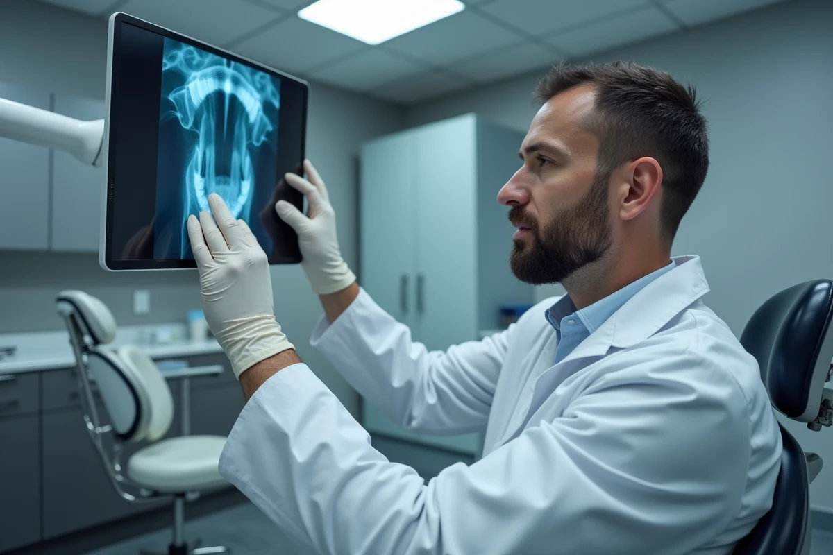 Dentiste professionnel examinant des radiographies dans un cabinet dentaire équipé