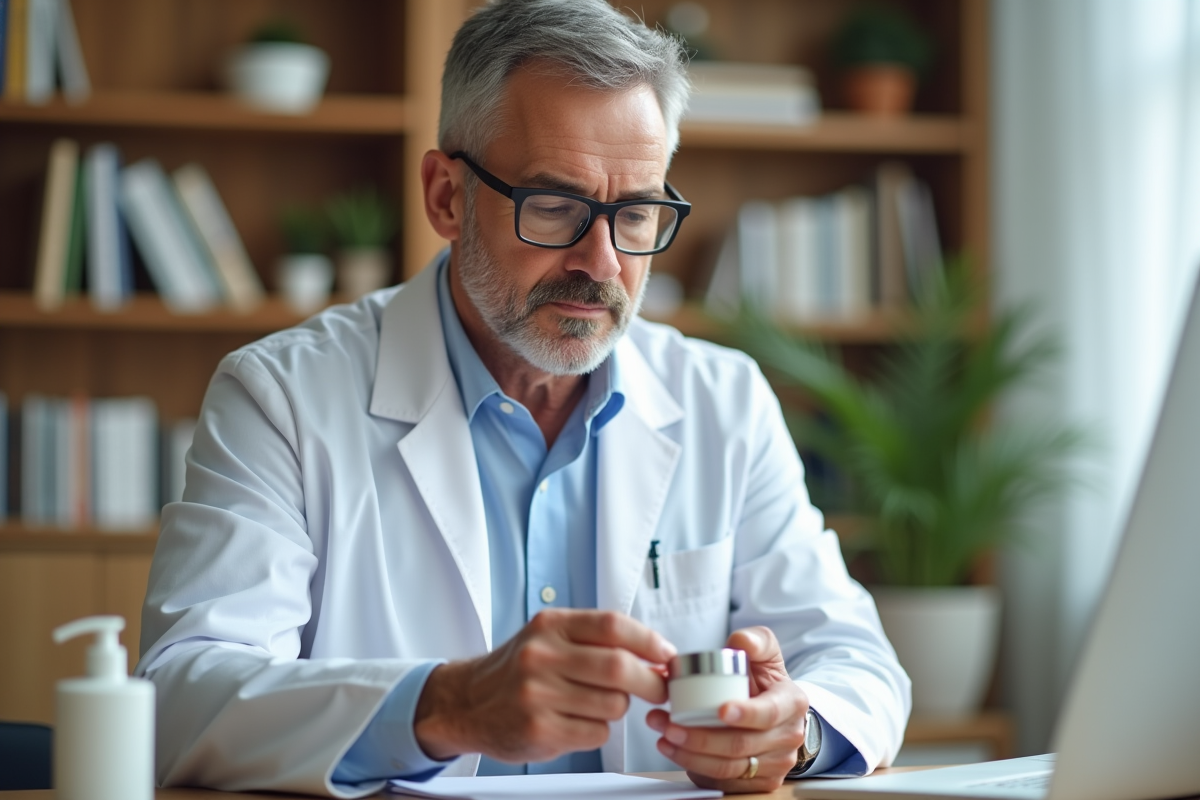 Dermatologue examinant une crème de soin visage