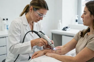 Séance de détatouage laser d'un prénom sur l'avant-bras dans un studio professionnel à Paris Marais