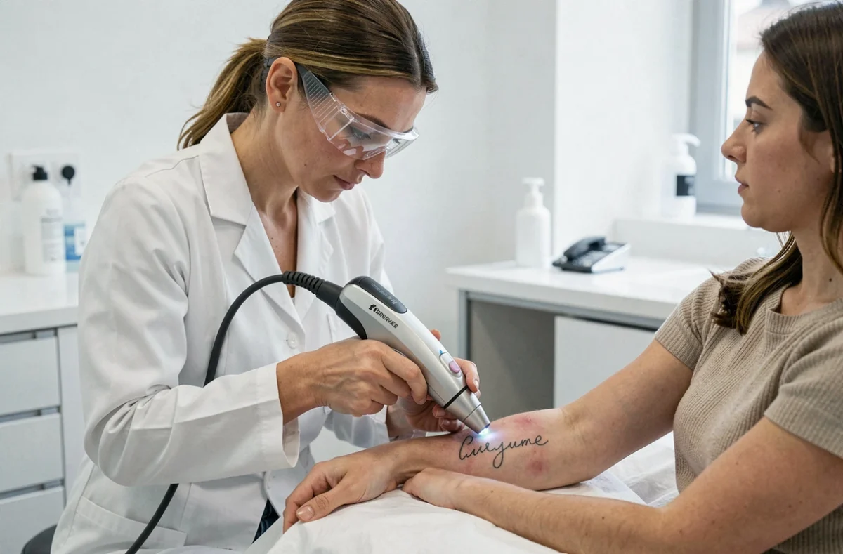 Séance de détatouage laser d'un prénom sur l'avant-bras dans un studio professionnel à Paris Marais