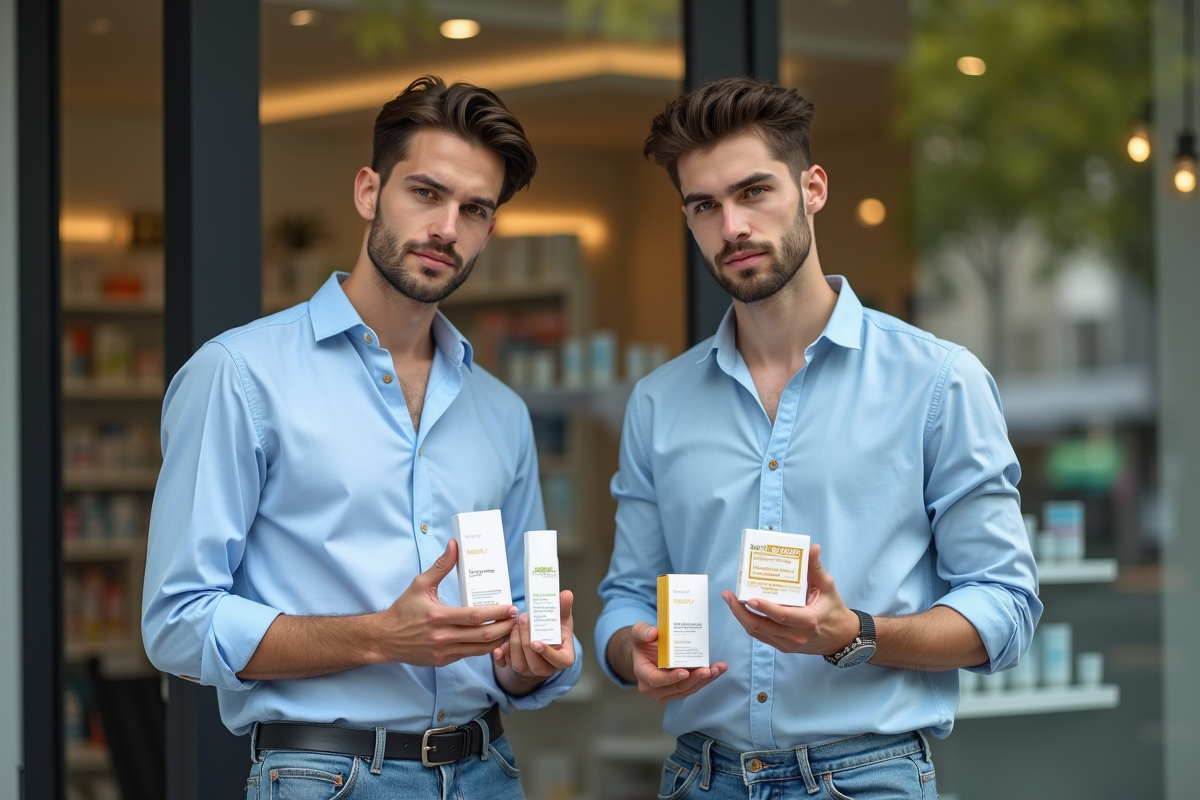 Deux jeunes hommes comparant des produits de soin en extérieur