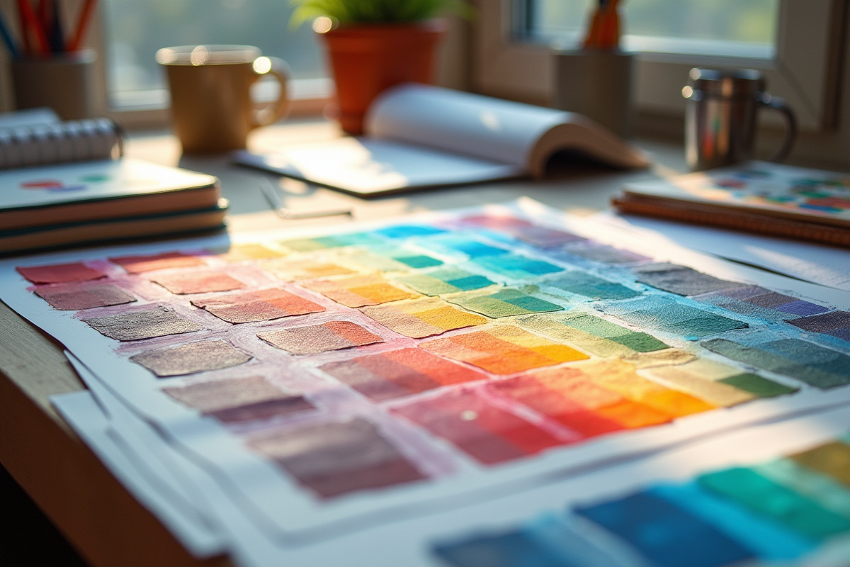 Echantillons de peinture colorés sur un bureau design