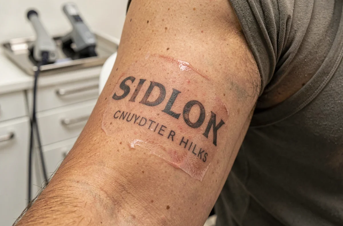 Gros plan sur un logo tatoué en cours d'effacement laser sur le bras d'un homme à Paris