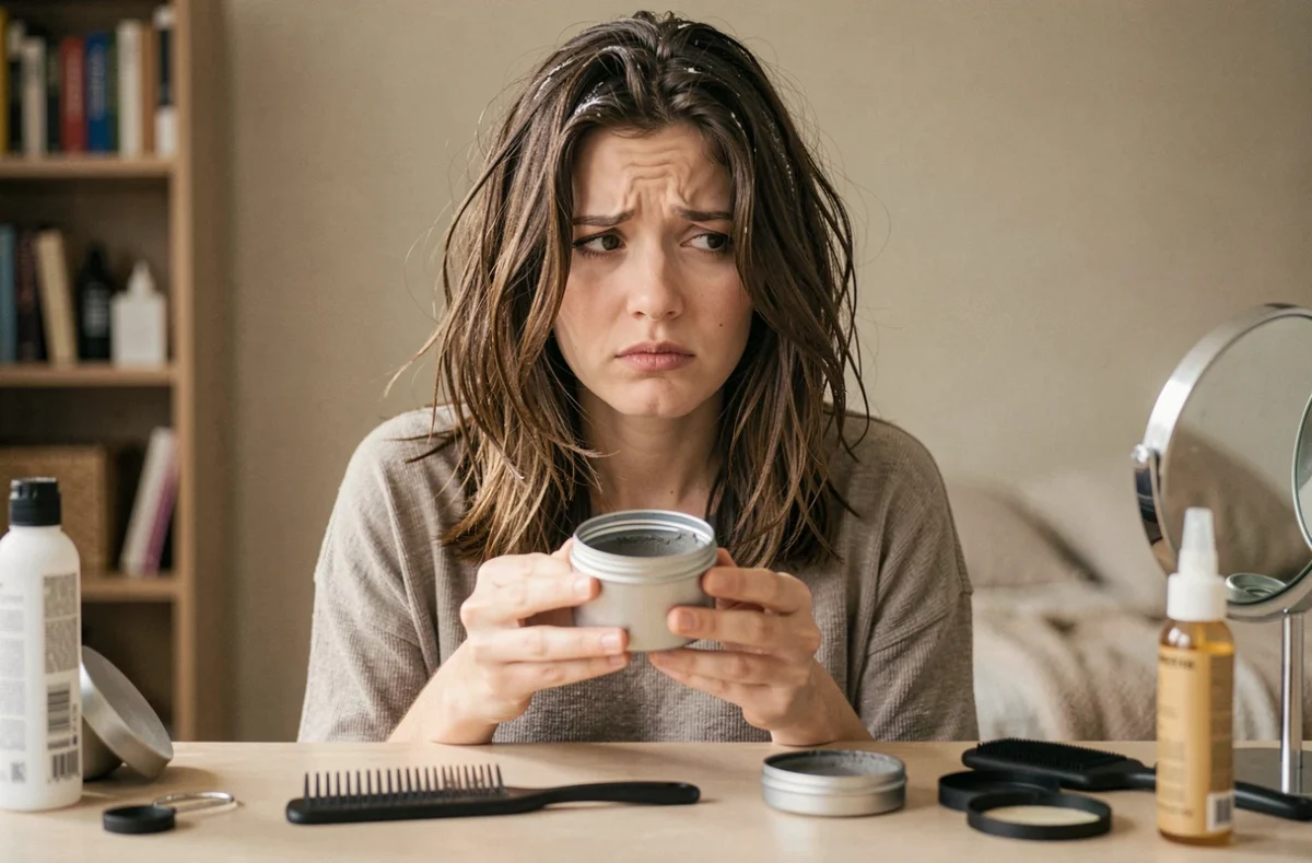 Femme aux cheveux poisseux après excès de cire mate, erreur courante de coiffure à ne pas commettre