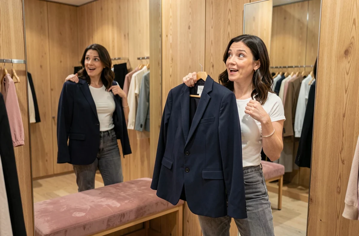 Femme essayant un blazer lors d'un relooking en cabine d'essayage chic et lumineuse