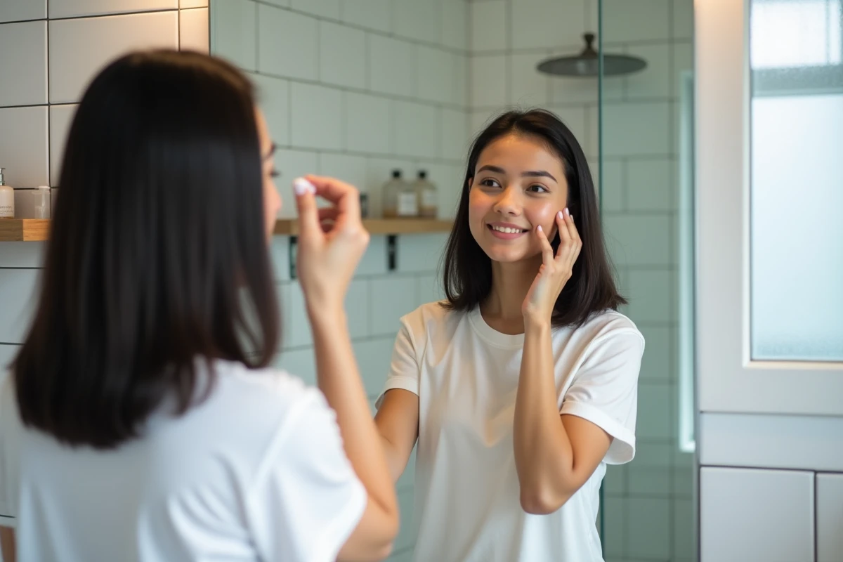 Jeune femme appliquant du gel en poudre pour cheveux devant un miroir de salle de bain le matin