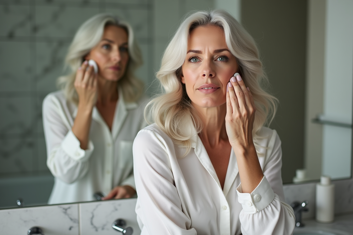 Femme aux cheveux gris appliquant du fond de teint devant miroir