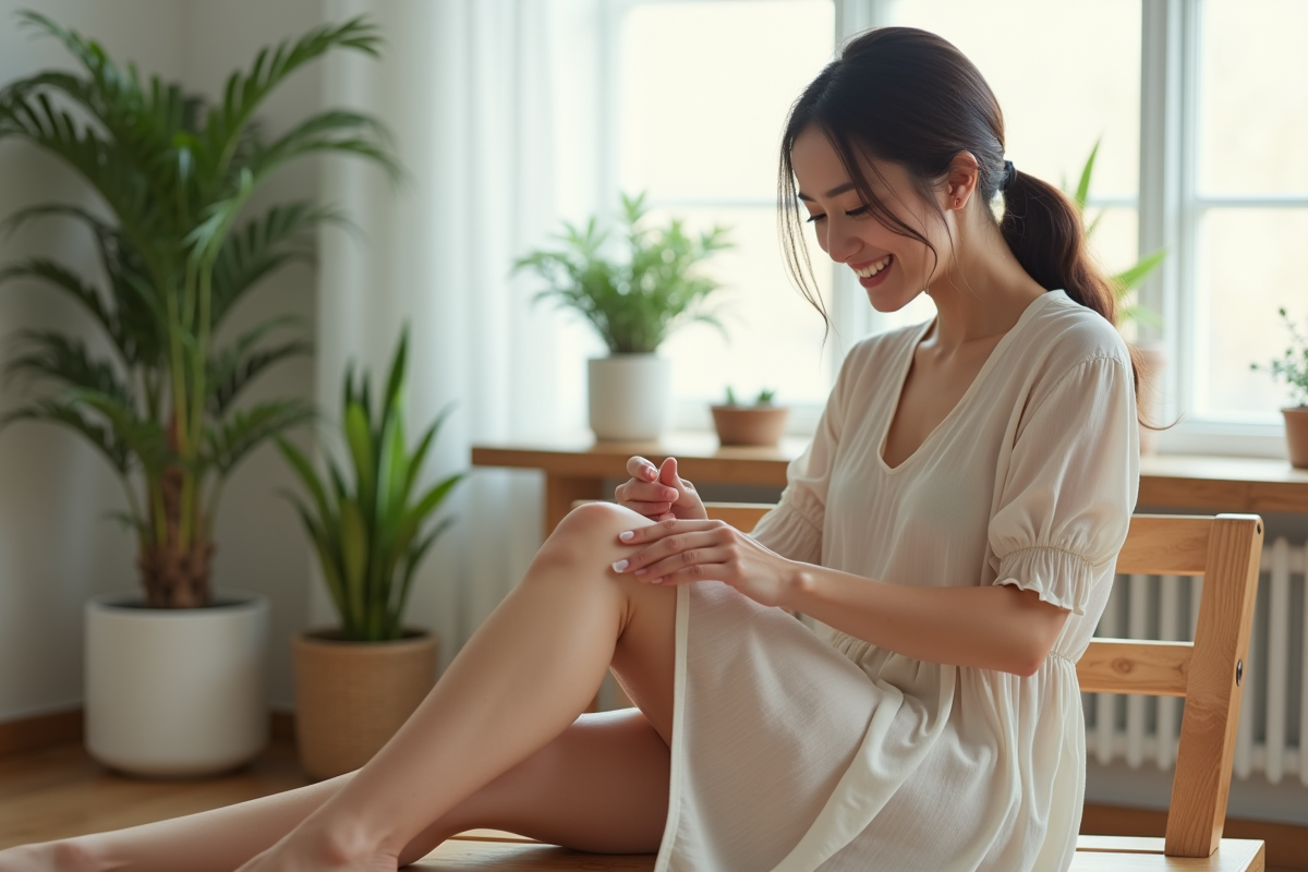 Jeune femme appliquant de la poudre sur ses jambes