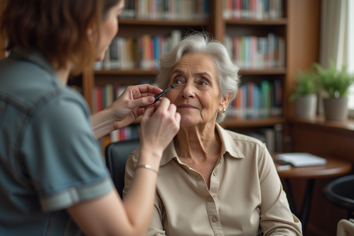 Femme âgée appliquant du maquillage lors d