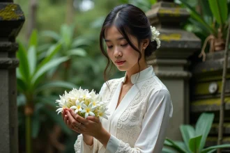 Femme balinaise en kebaya blanche inspectant des fleurs de jasmin de qualité dans un jardin tropical