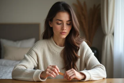 Femme brune coiffure naturelle examine ses cheveux