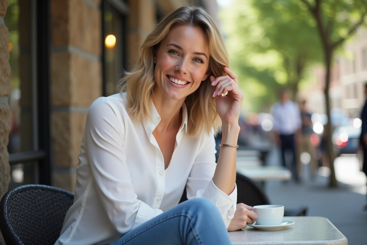 Jeune femme blonde détendue dans un café en ville
