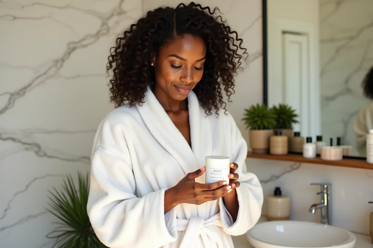 Femme aux cheveux bouclés naturels lisant les ingrédients d'une crème coiffante dans une salle de bain moderne