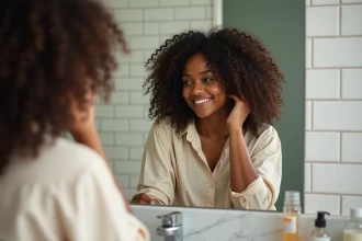Femme aux cheveux bouclés naturels et hydratés se regardant dans un miroir de salle de bain après soin Olaplex