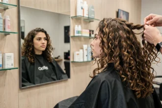 Femme aux cheveux bouclés naturels dans un salon de coiffure moderne, consultant son reflet pour choisir une coupe adaptée