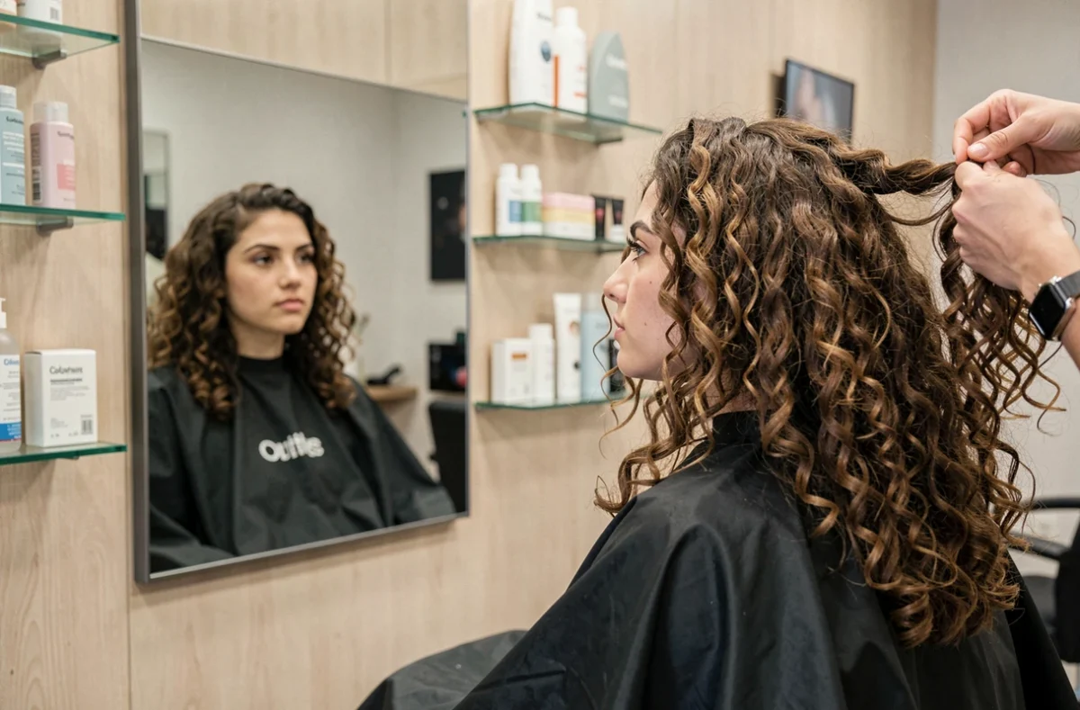 Femme aux cheveux bouclés naturels dans un salon de coiffure moderne, consultant son reflet pour choisir une coupe adaptée