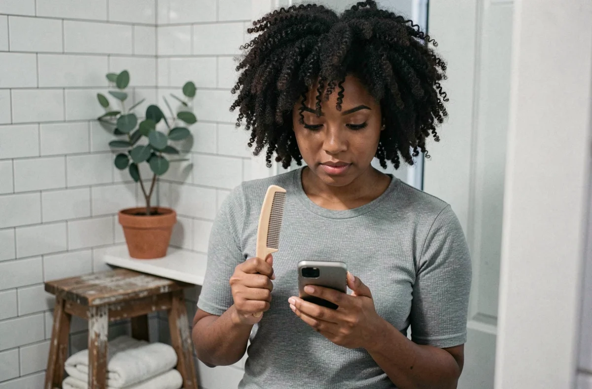 Femme aux cheveux coilés naturels cherchant des idées de coupe sur son téléphone devant le miroir de sa salle de bain