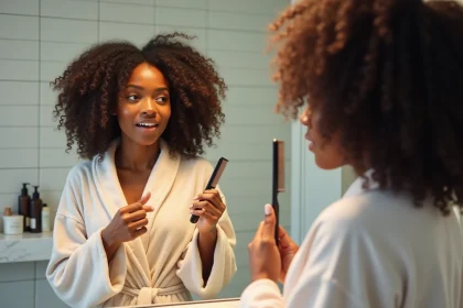 Femme aux cheveux frisés naturels examinant sa coiffure devant un miroir de salle de bain, illustrant les erreurs courantes sur cheveux bouclés