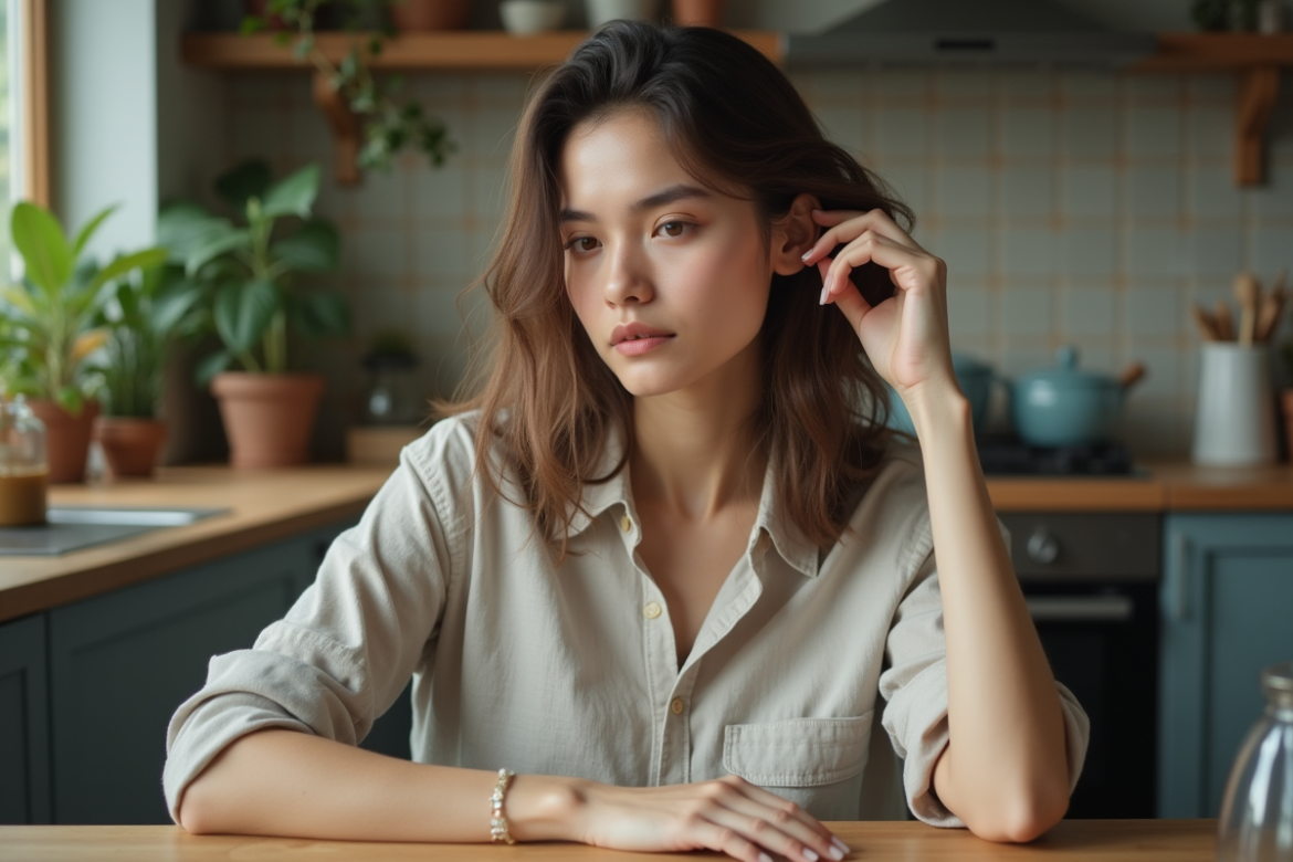Femme aux cheveux gras assise à la maison
