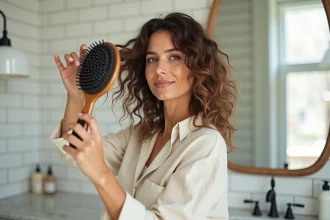 Femme aux cheveux ondulés utilisant une brosse ronde pour coiffer ses cheveux avec effet mousseux dans une salle de bain moderne