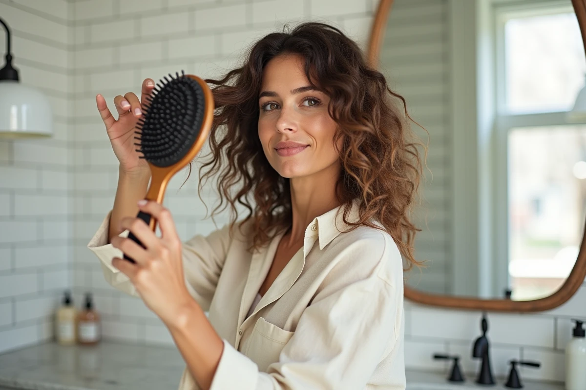 Femme aux cheveux ondulés utilisant une brosse ronde pour coiffer ses cheveux avec effet mousseux dans une salle de bain moderne