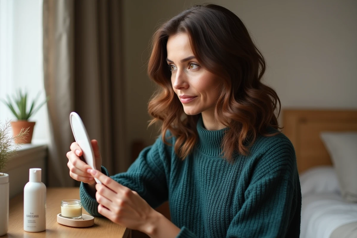 Femme aux cheveux ondulés volumineux assise devant une coiffeuse avec brosses et mousse coiffante dans une chambre style scandinave