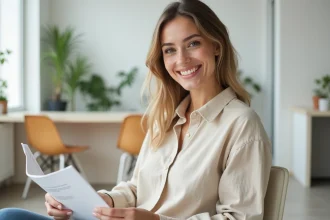 Femme souriante dans une salle d'attente de clinique dentaire moderne tenant une brochure The Smilist