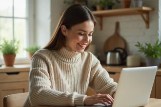 Femme utilisant un code promo sur un site de shopping en ligne depuis sa cuisine