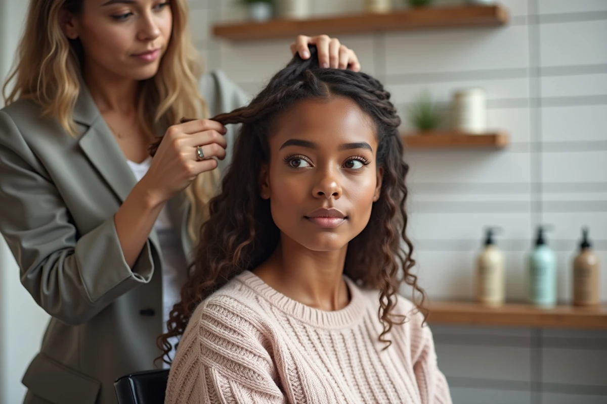 Jeune femme en salon de coiffure examine ses cheveux abimes