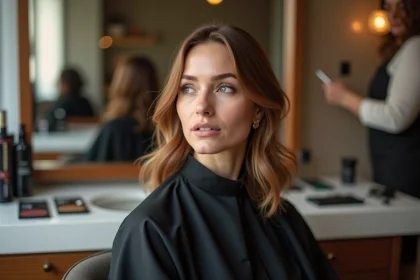 Femme élégante en salon observant sa coloration capillaire